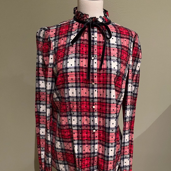 Court & Rowe Tie Ruffle Collar Flocked Dot Plaid Shirt - Picture 2 of 6